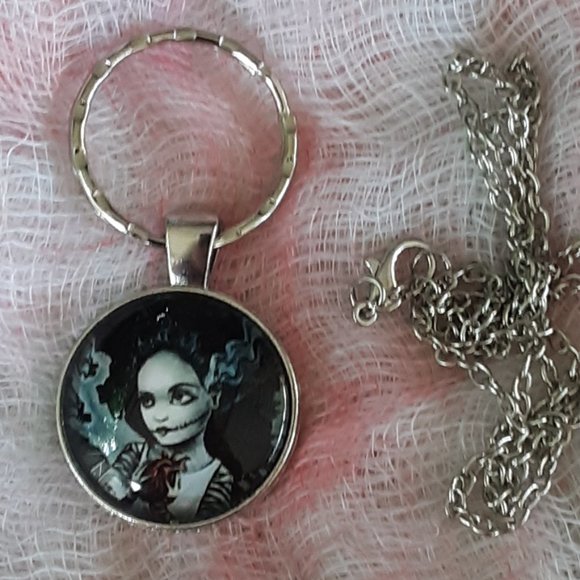 Bride of Frankenstein Cabochon Key Ring Handcrafted With Necklace Chain Goth - Picture 2 of 8